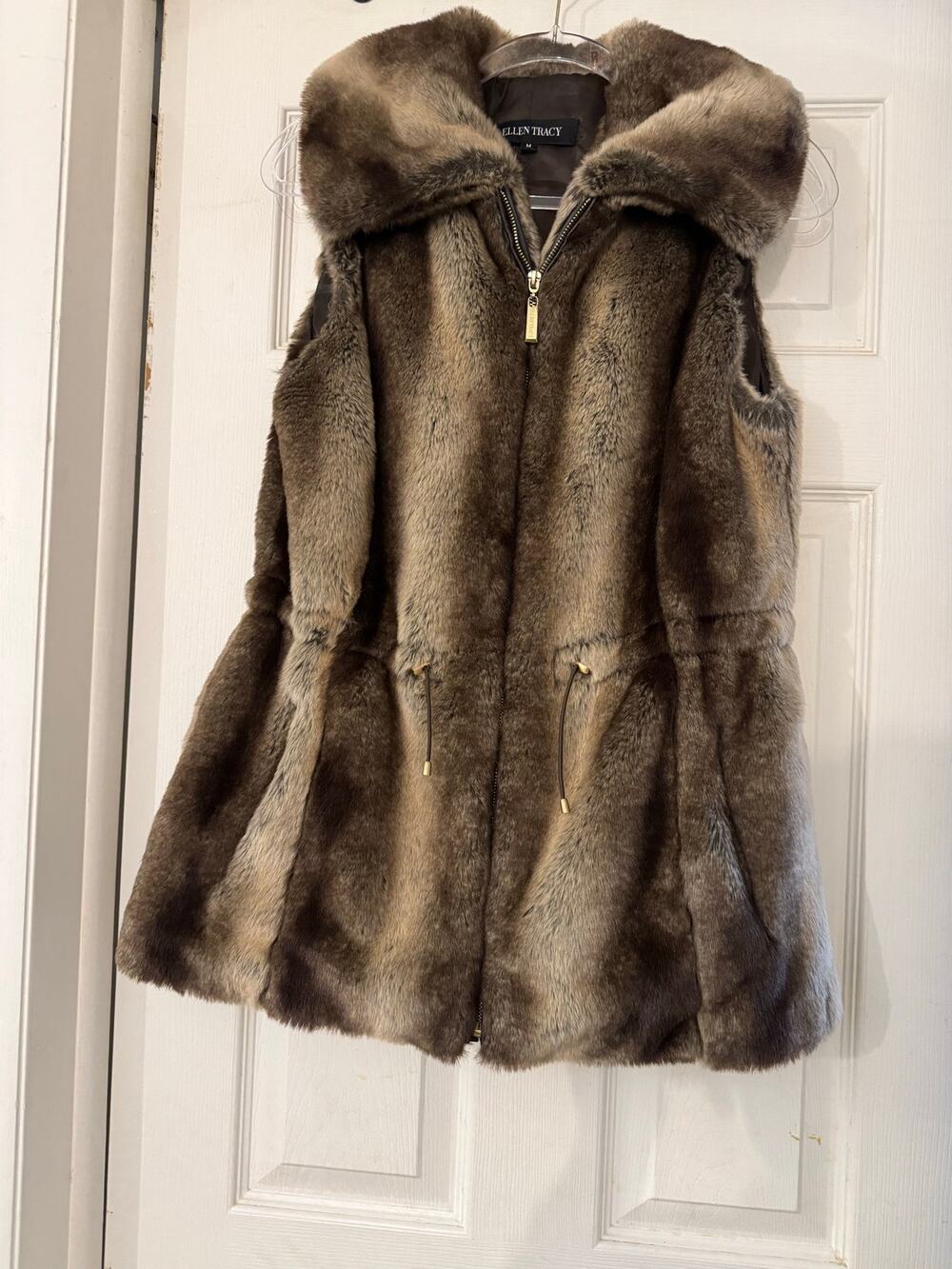 Ellen Tracy Faux Fur Vest with Cinch Drawstring Waist – Size M